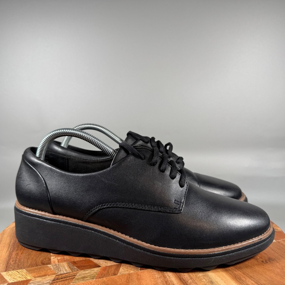 Clarks Sharon Dolly Black Leather Wedge‎ Platform Oxford Shoes Womens 11